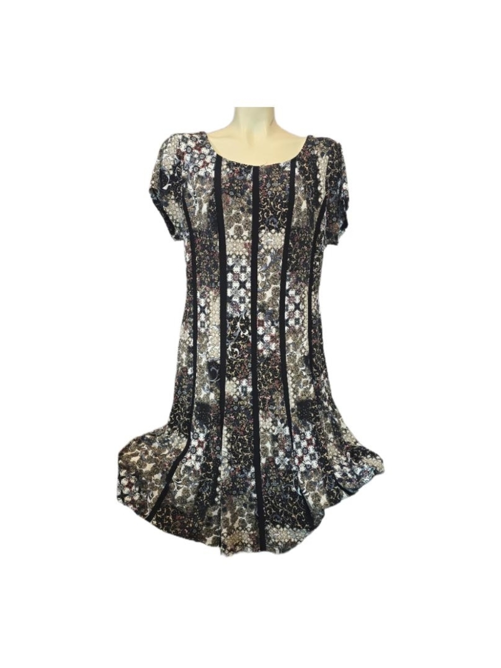 Connected Apparel Floral Patchwork Short Sleeve Swing Dress - Black/Taupe Sz 12
